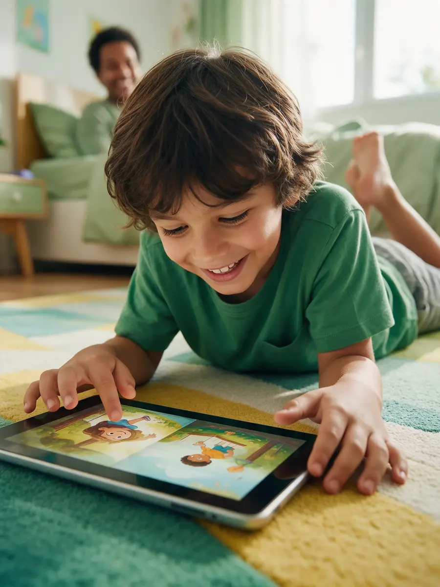 Criança lendo uma história ilustrada no tablet deitada no tapete