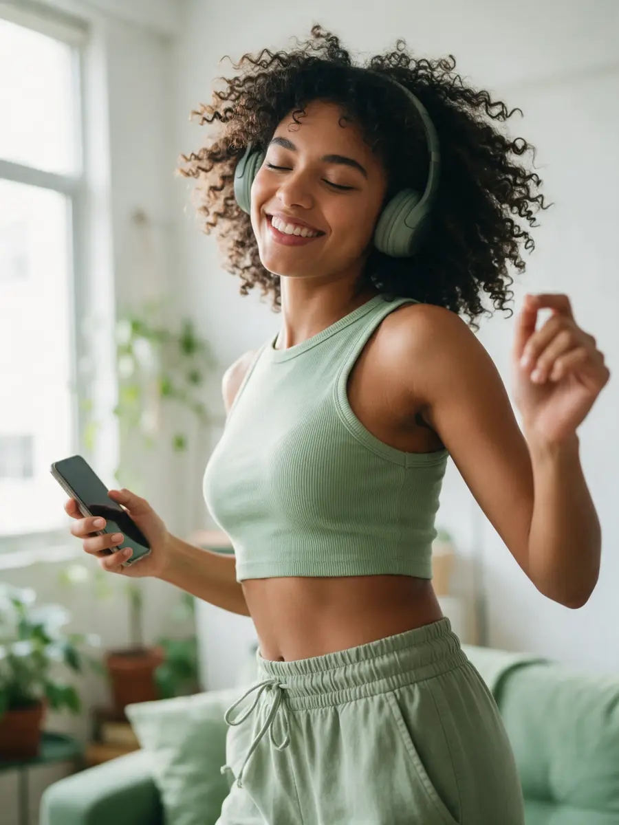 Jovem dançando de fones de ouvido ouvindo música pelo celular