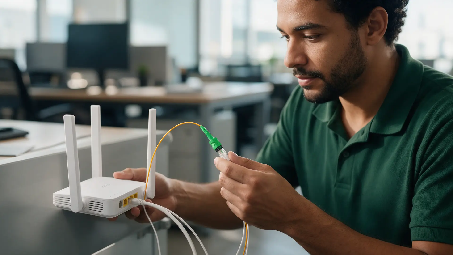 Técnico da equipe conectando o cabo de fibra óptica ao roteador Wi-Fi 6 em um escritório