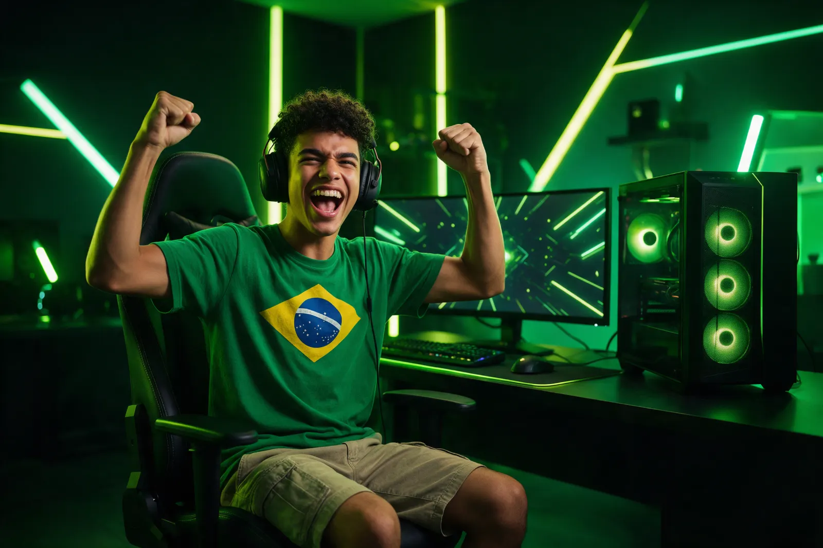 Gamer comemorando vitória no PC com luzes verdes, jogando com a internet fibra do Plano Gamer da Link Giga