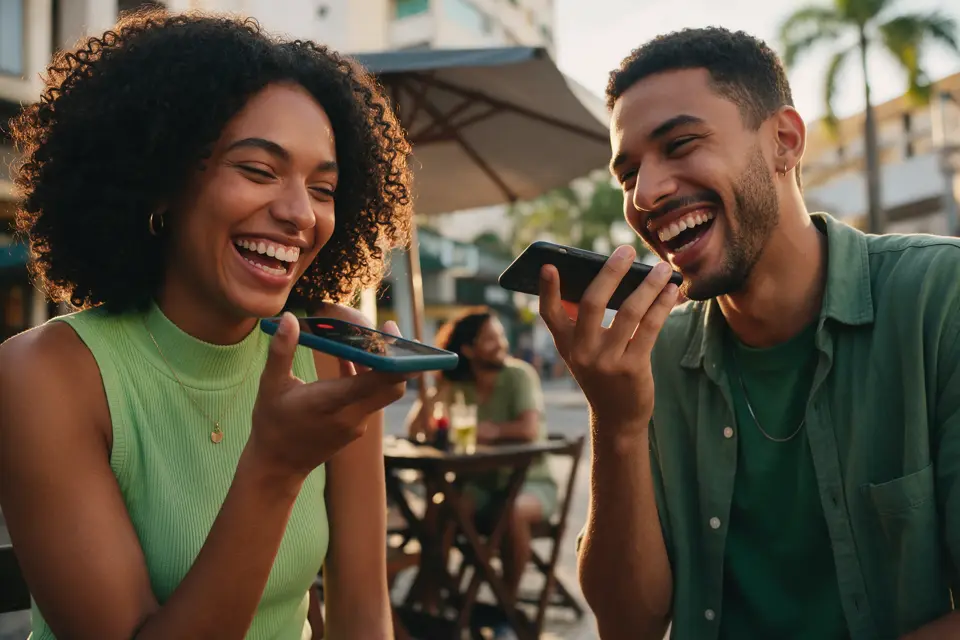 Amigos conversando e enviando mensagens de áudio pelo celular em um café ao ar livre