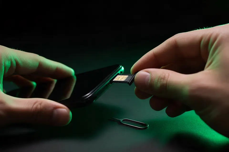 Chip sendo inserido na bandeja de um smartphone