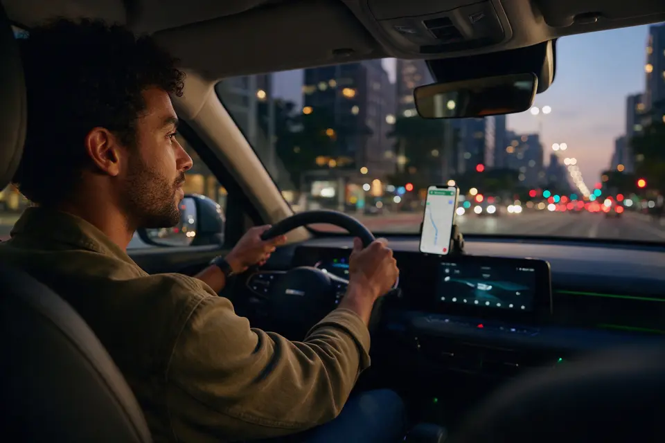 Motorista usando aplicativo de navegação no celular preso ao painel do carro