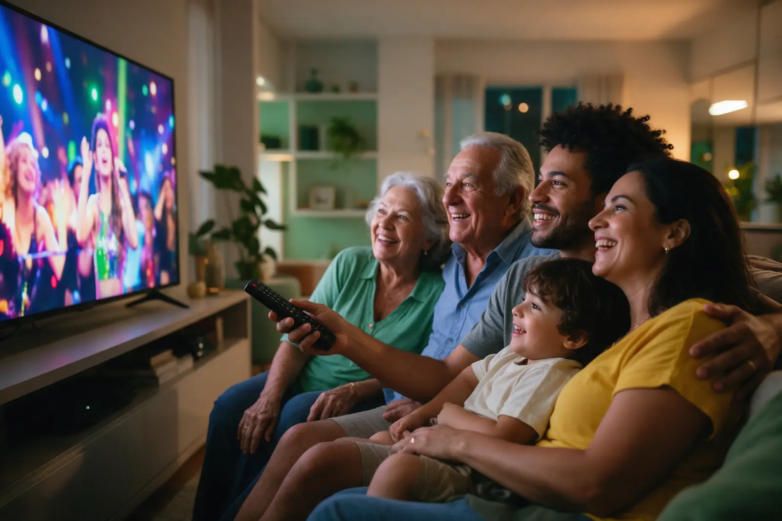 Família reunida no sofá assistindo TV ao vivo na smart TV