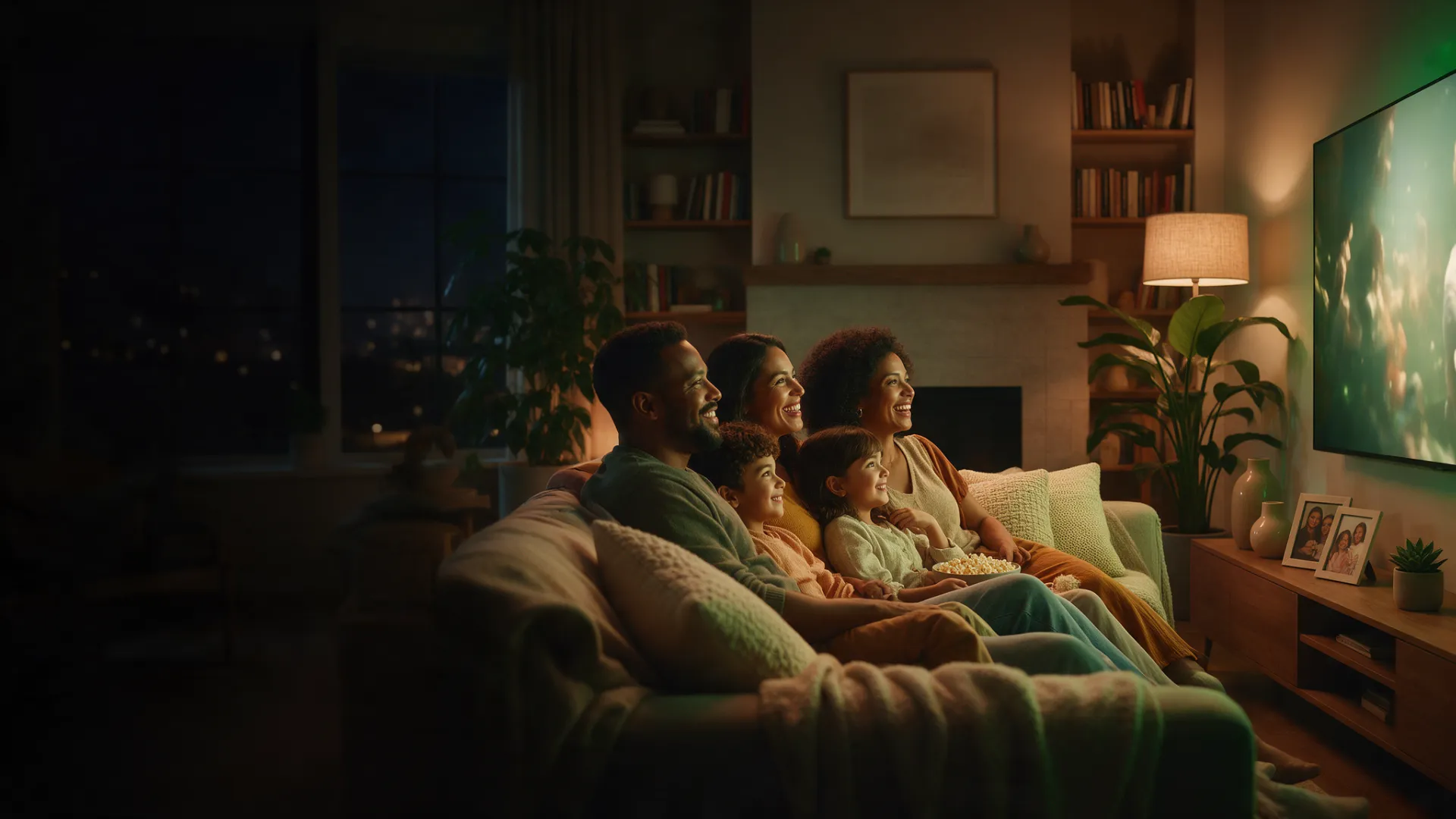 Família assistindo Globoplay na smart TV da sala com internet Link Giga